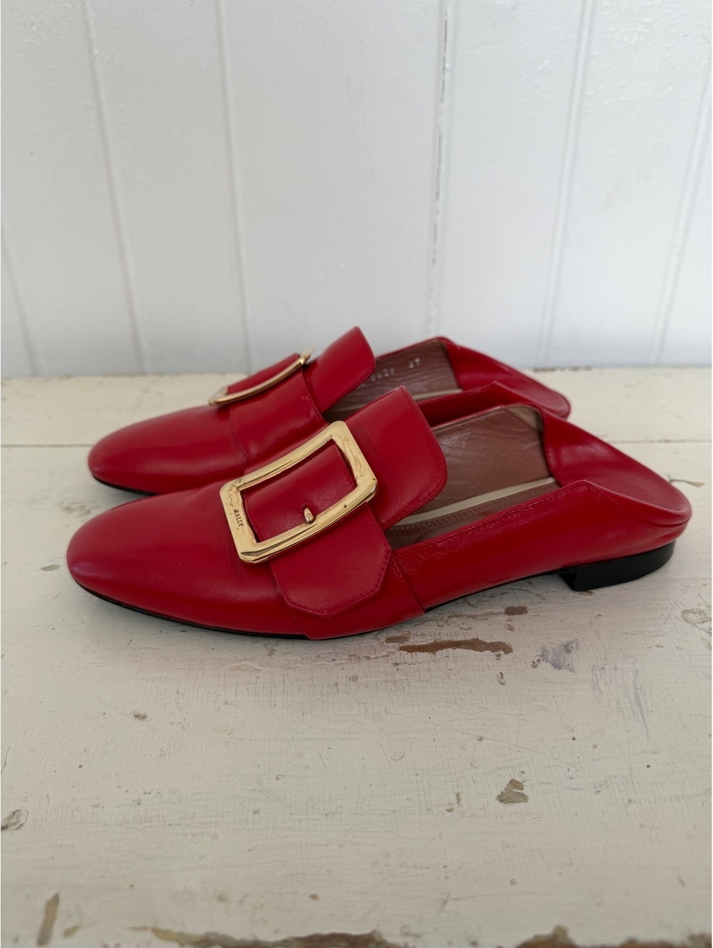 Bally Red Leather Loafers with Gold Buckle Detail, Size 37 Cobbler repainted